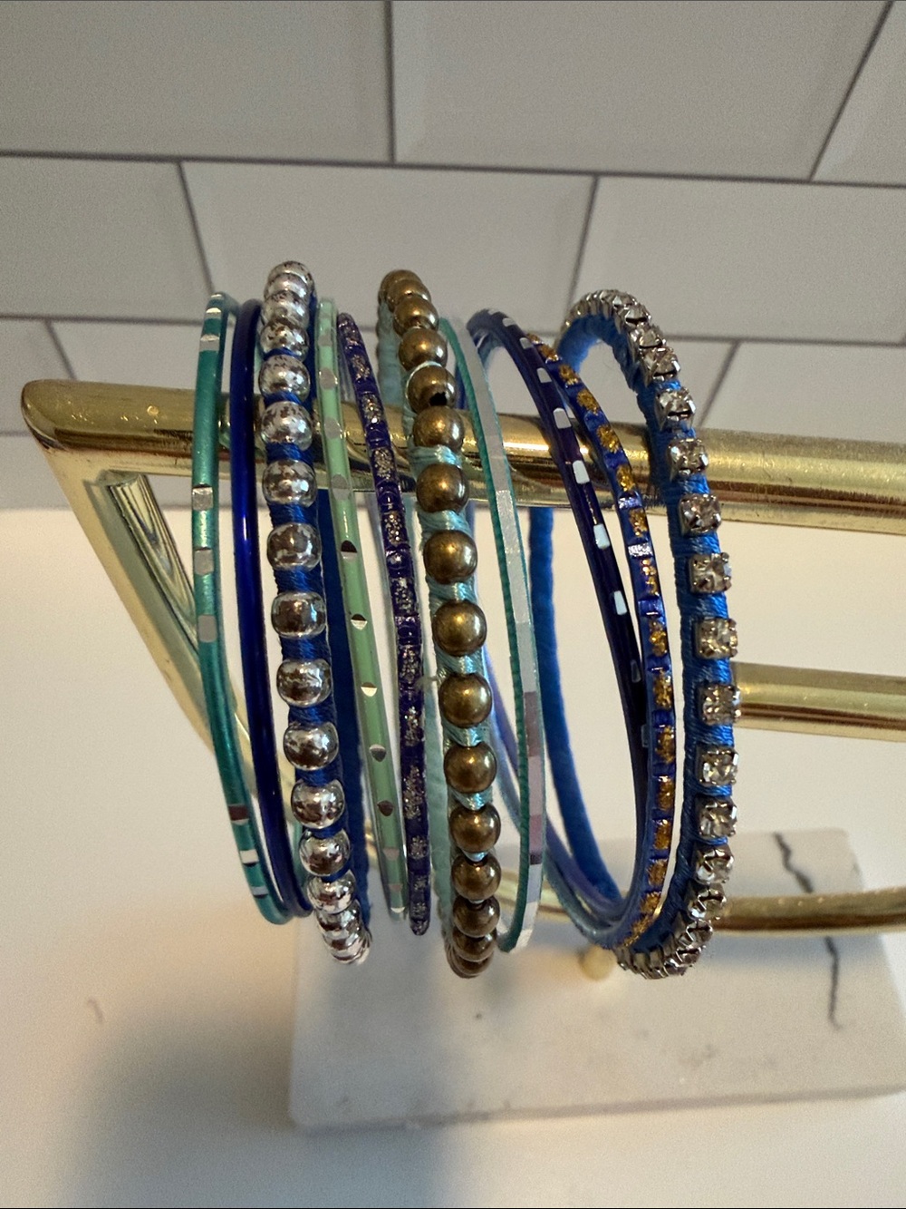 LOFT Blue and Green Stackable Rhinestone Bangle Set - Picture 2 of 3